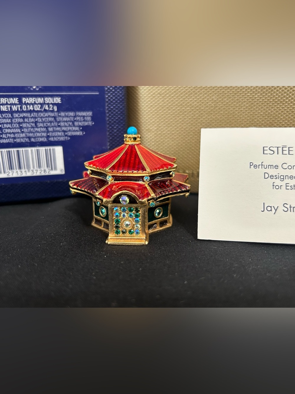 Jay Strongwater Signed Estee Lauder 'Enchanting Pagoda' Solid Perfume Compact